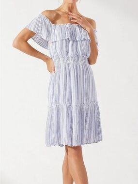 Tommy Bahama Aloha Avenue Off The ShoulderWhite Dress with Blue Vertical Stripes